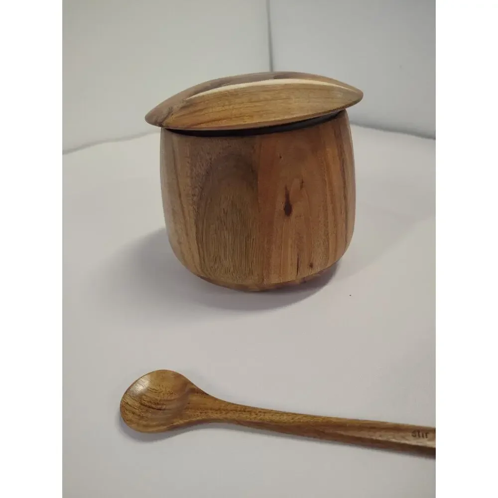 RYZE Mushroom Coffee Wooden Storage Container w/ Stir Stick NEW Acacia Wood